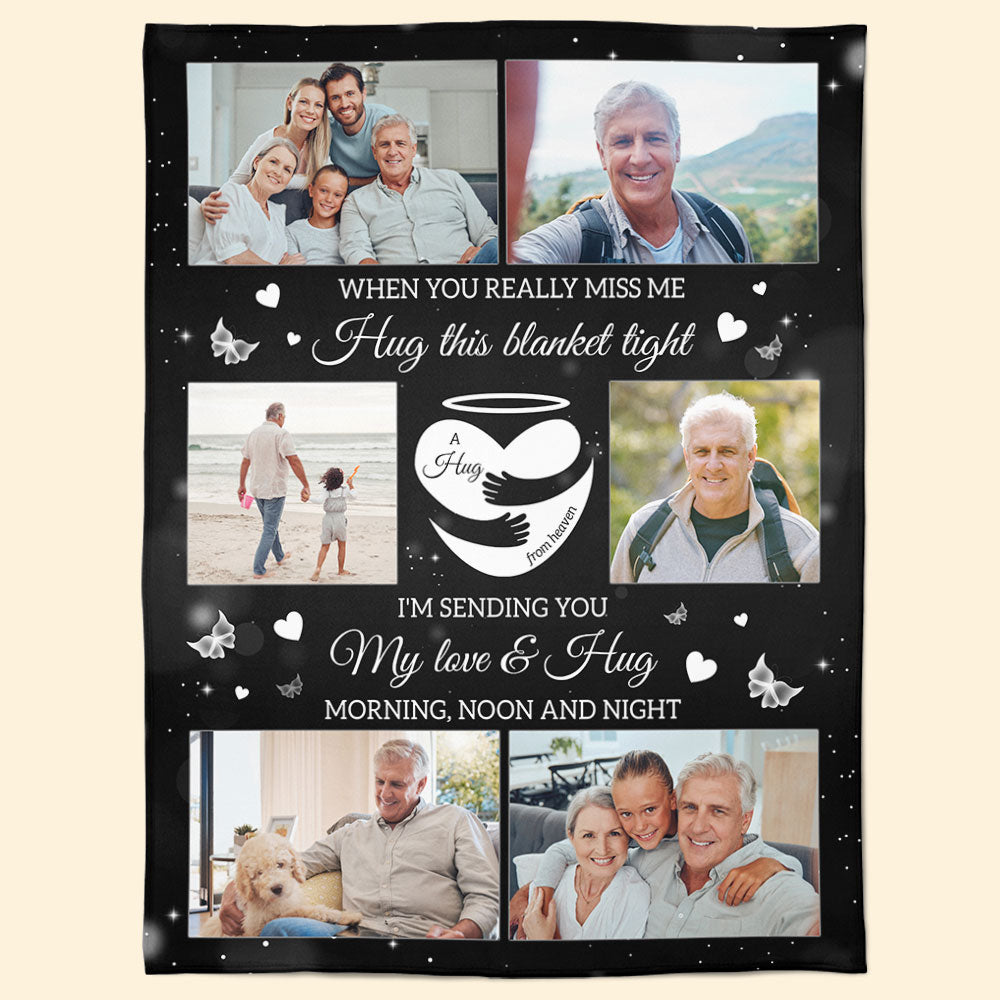 Personalized A Hug From Heaven Memorial Gift fleece blanket, spread across a bed