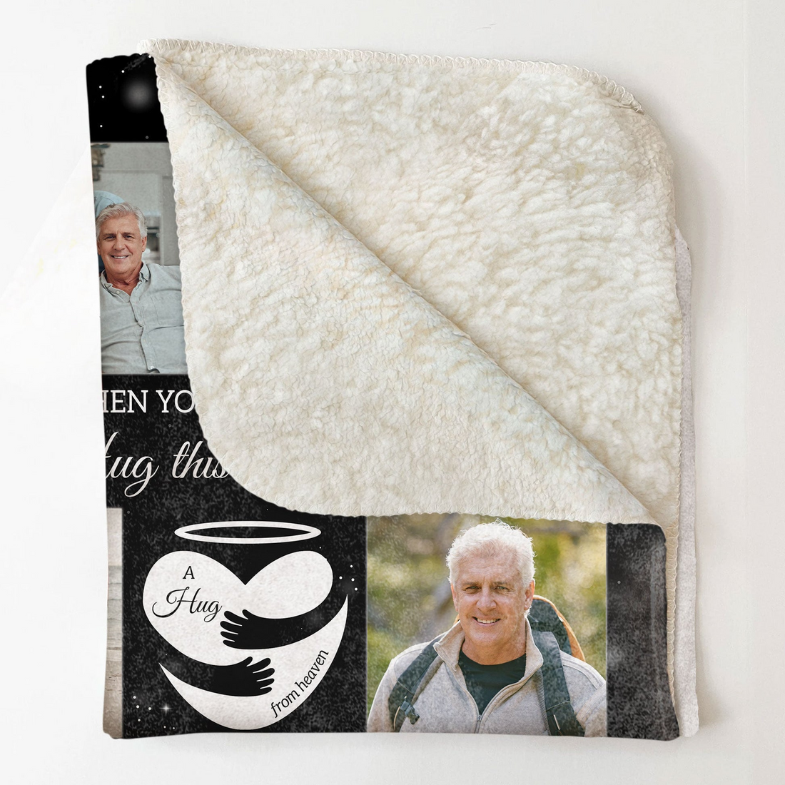 Personalized A Hug From Heaven Memorial Gift fleece blanket, sherpa reverse side folded back