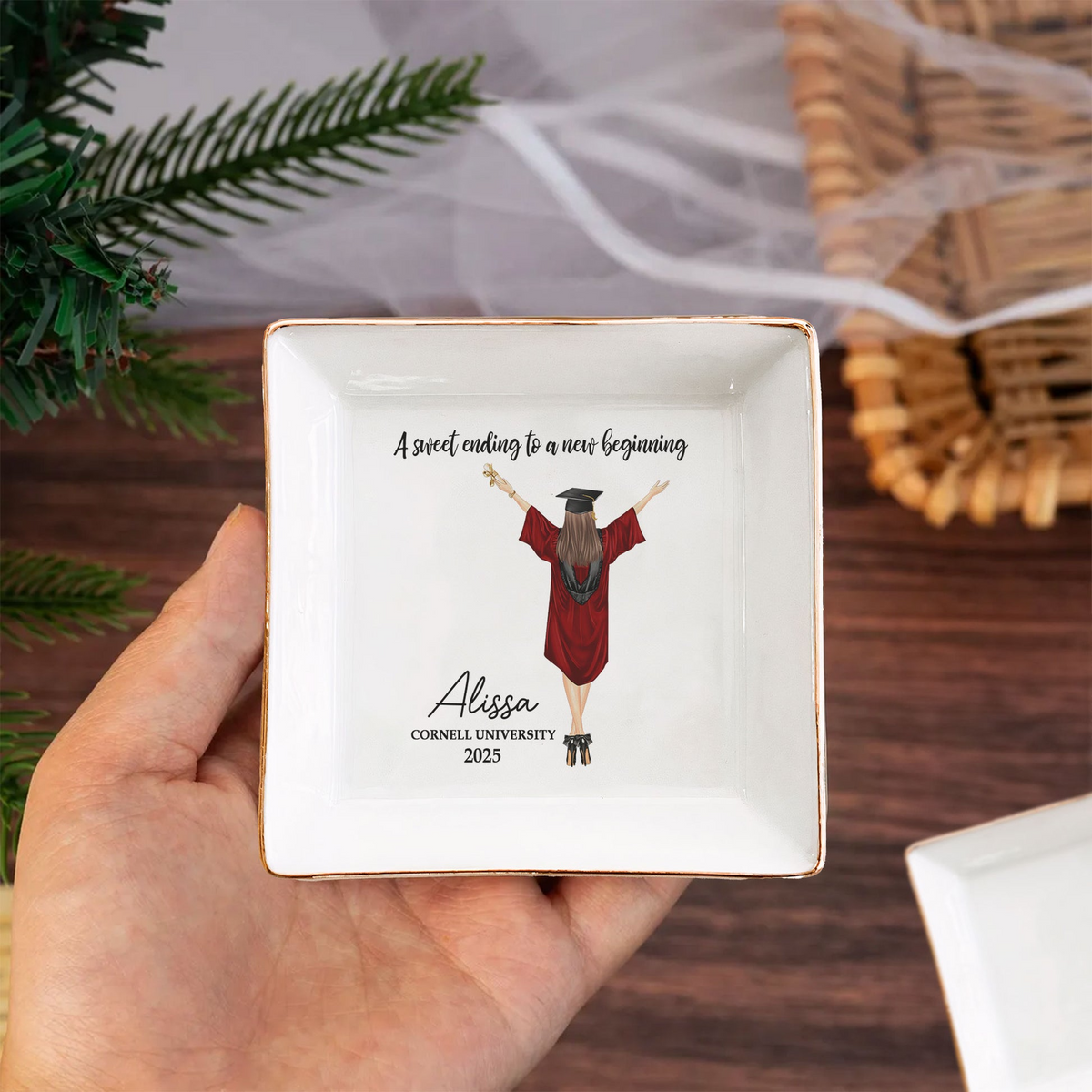 A Sweet Ending To A New Beginning - Personalized Jewelry Dish - Graduation Motivation Gift For Her/Him, Daughter/Son, Grad Ceremony, Commencement