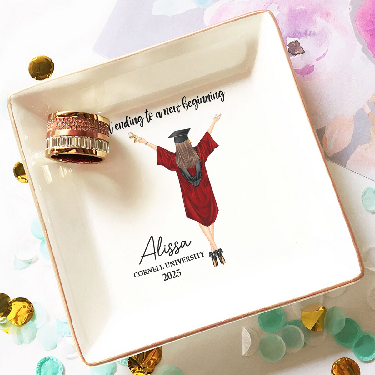 A Sweet Ending To A New Beginning - Personalized Jewelry Dish - Graduation Motivation Gift For Her/Him, Daughter/Son, Grad Ceremony, Commencement
