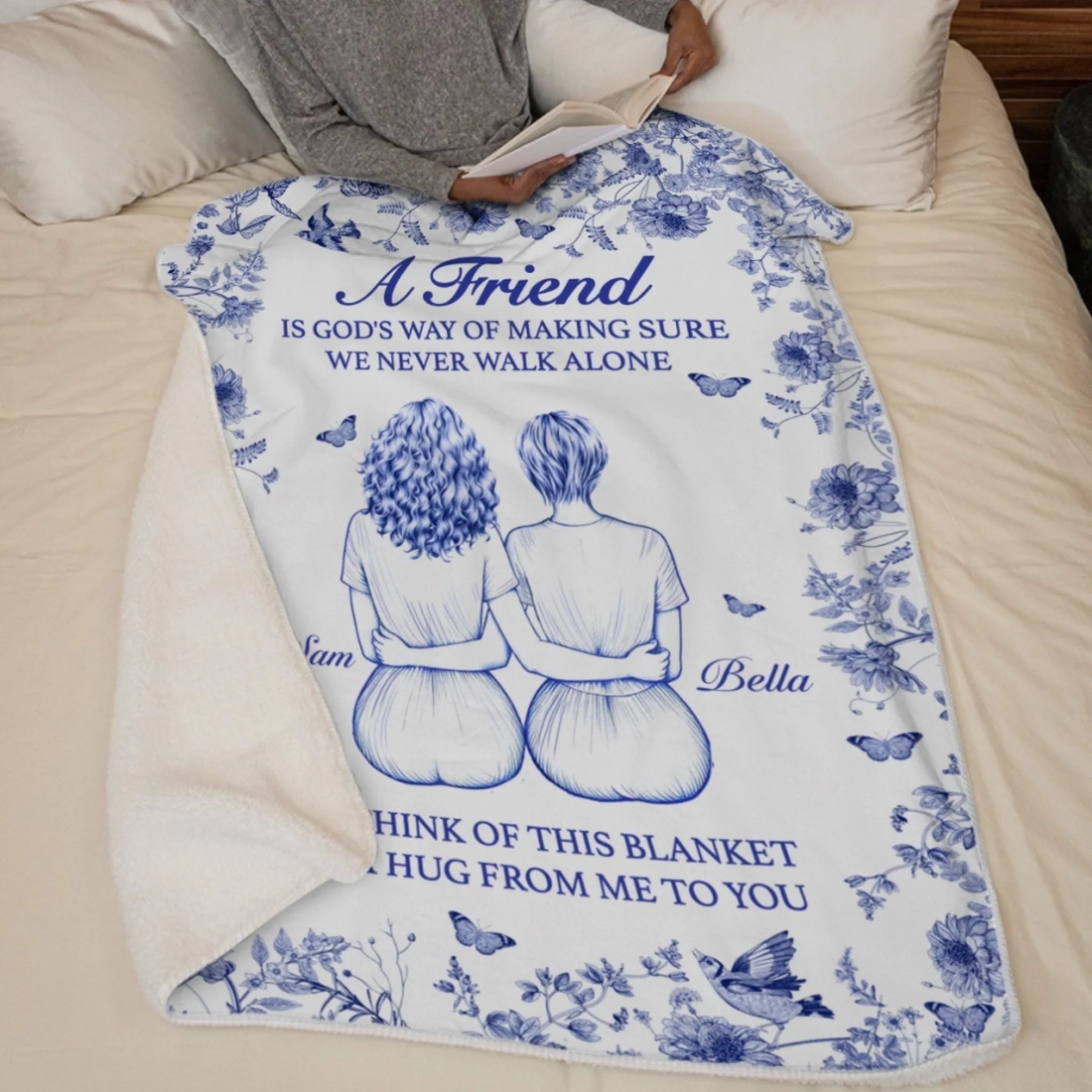 Personalized A Hug From Me To You Besties fleece blanket, sherpa reverse side folded back