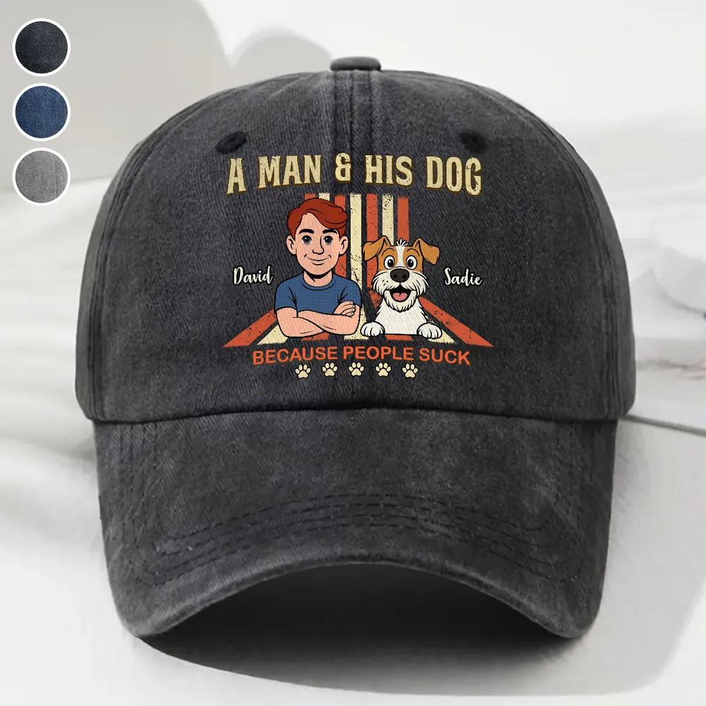 A Man And His Retro Dog - Personalized Custom Vintage Washed Denim Cap - Father's Day Gift for Him, Husband, Daddy, Dog Lovers