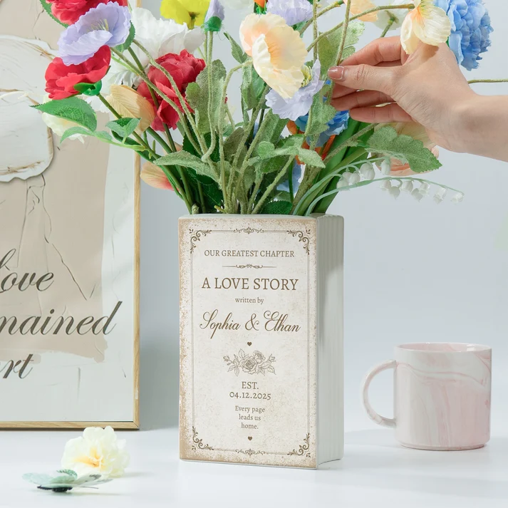 A Love Story Written By - Personalized Ceramic Book Vase - Gifts For Newlywed Couples, Wife/Husband