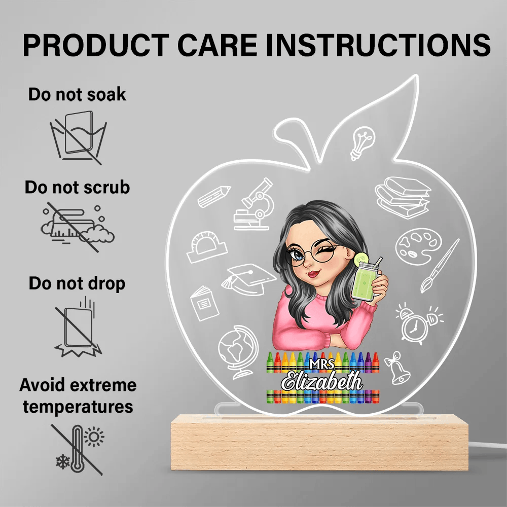 Apple Teacher Name - Personalized 3D Led Light Wooden Base - Custom Gift for Teacher, Kindergarten, Preschool, Pre K, Paraprofessional