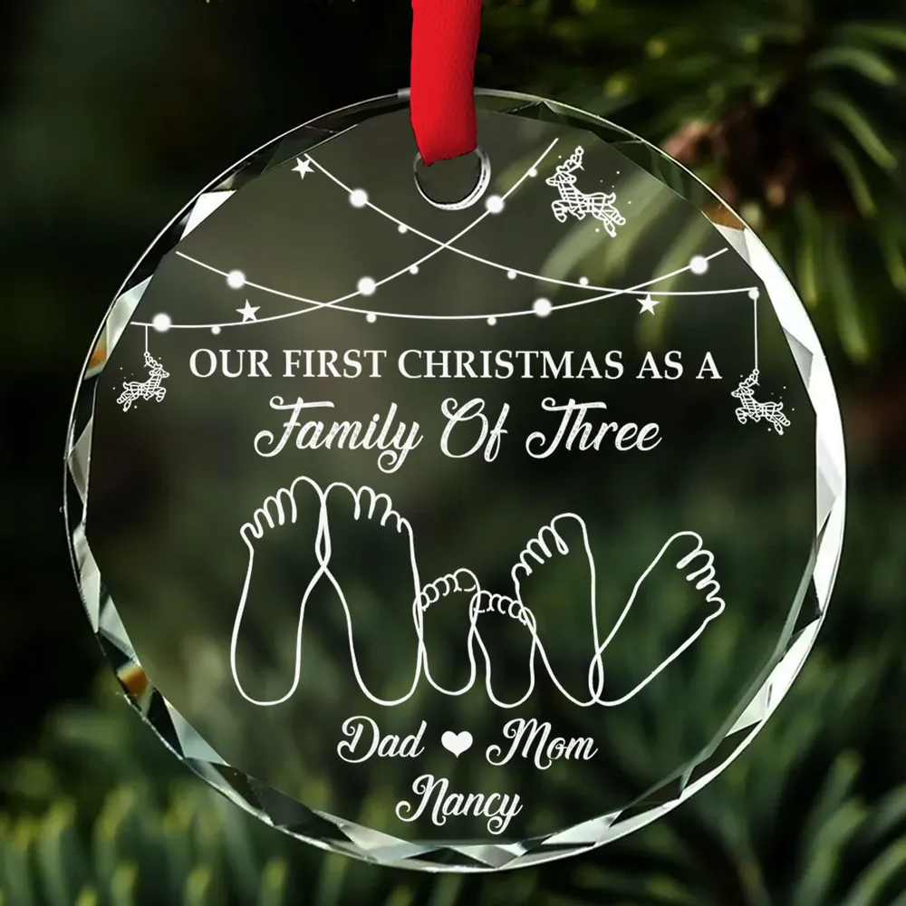 First Christmas As A Family Of Three - Personalized Circle Glass Ornament - Babies 1st Christmas Gifts, New Parents, New Mom, New Dad