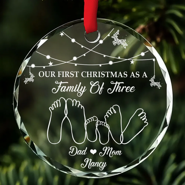 First Christmas As A Family Of Three - Personalized Circle Glass Ornament - Babies 1st Christmas Gifts, New Parents, New Mom, New Dad