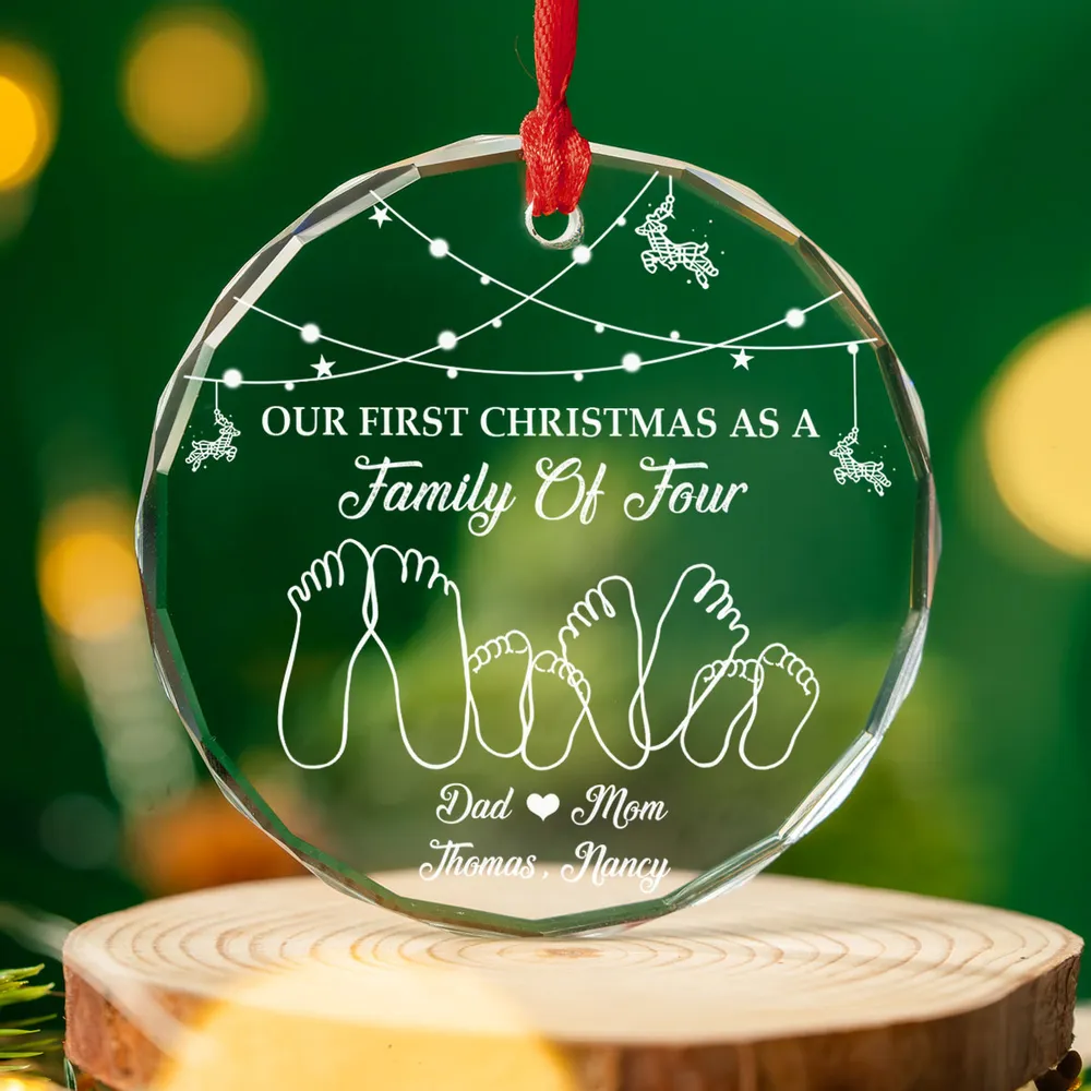 First Christmas As A Family Of Three - Personalized Circle Glass Ornament - Babies 1st Christmas Gifts, New Parents, New Mom, New Dad