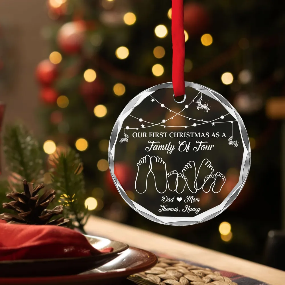 First Christmas As A Family Of Three - Personalized Circle Glass Ornament - Babies 1st Christmas Gifts, New Parents, New Mom, New Dad