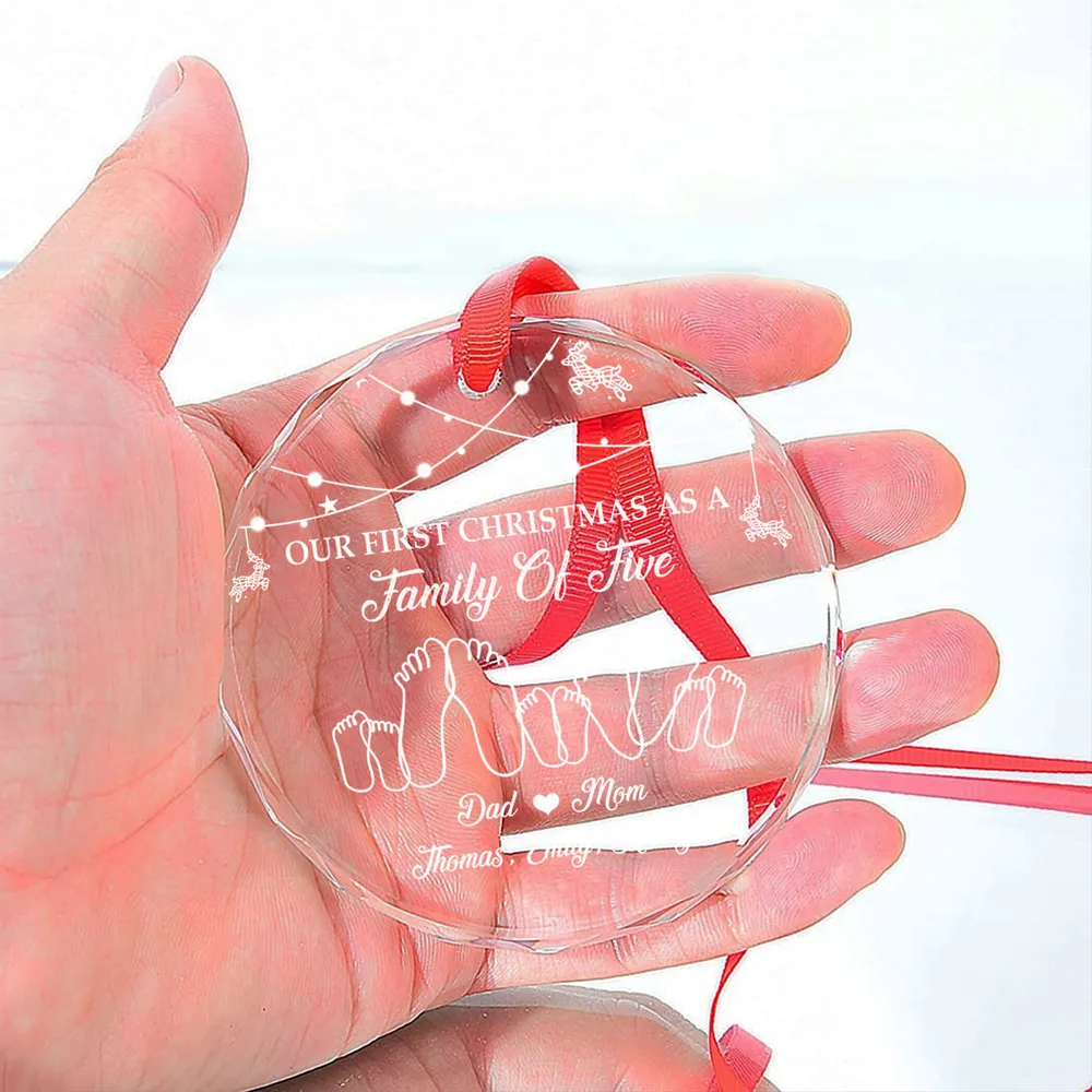 First Christmas As A Family Of Three - Personalized Circle Glass Ornament - Babies 1st Christmas Gifts, New Parents, New Mom, New Dad