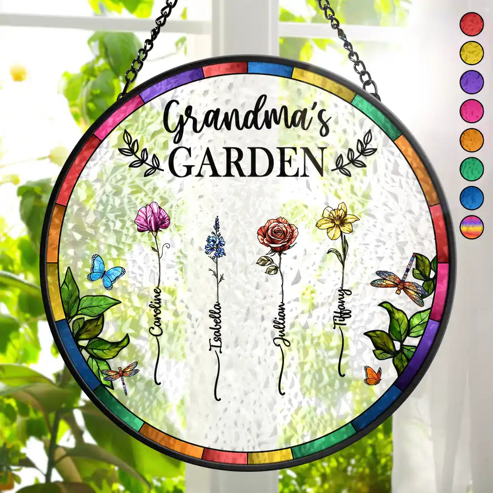 Birth Flower Grandma's Garden - Personalized Stained Glass Window Hanging Suncatcher - Gift for Grandma, Mom 1