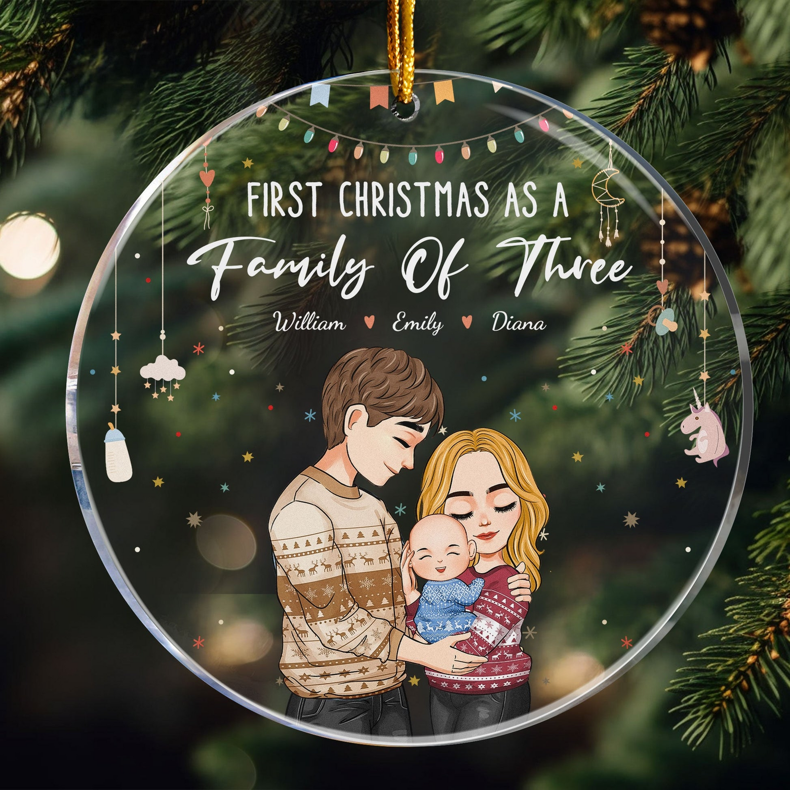 Baby First Christmas As A Family Of Three - Personalized Circle Acrylic Ornament - Babies First Christmas Gifts