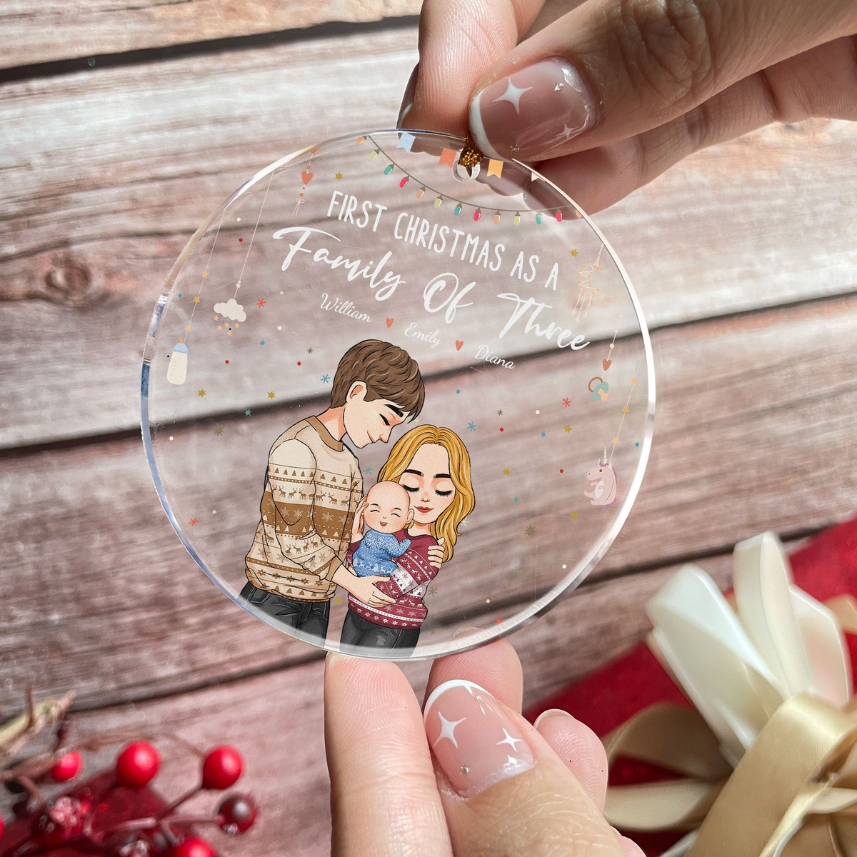 Baby First Christmas As A Family Of Three - Personalized Circle Acrylic Ornament - Babies First Christmas Gifts