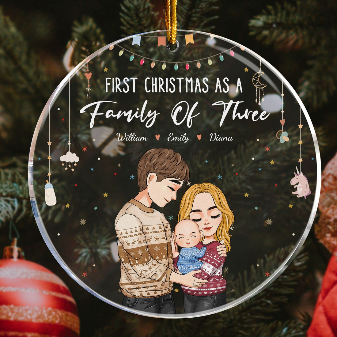 Baby First Christmas As A Family Of Three - Personalized Circle Acrylic Ornament - Babies First Christmas Gifts