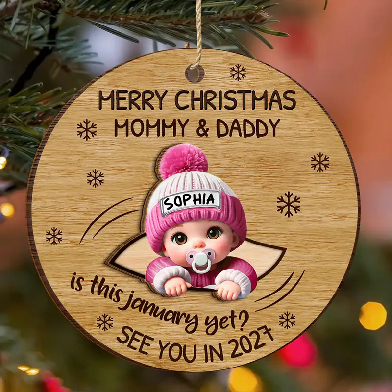 Baby Expecting Christmas On The Inside See You In - Personalized Custom 2-layered Wood Ornament - Christmas Gift For Expecting Moms, Dads, Grandparents