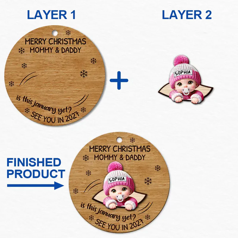Baby Expecting Christmas On The Inside See You In - Personalized Custom 2-layered Wood Ornament - Christmas Gift For Expecting Moms, Dads, Grandparents