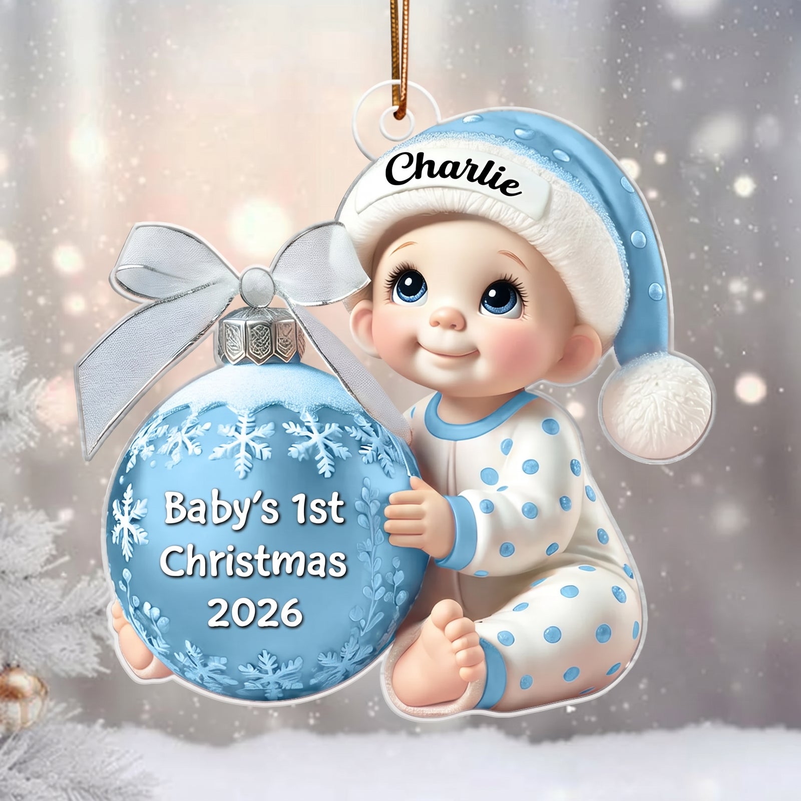 Baby Holding Christmas Bauble 3D Effect - Personalized Custom Shaped Acrylic Ornament - Newborn Gifts, Babies 1st Christmas Gifts