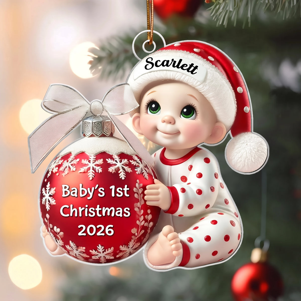Baby Holding Christmas Bauble 3D Effect - Personalized Custom Shaped Acrylic Ornament - Newborn Gifts, Babies 1st Christmas Gifts
