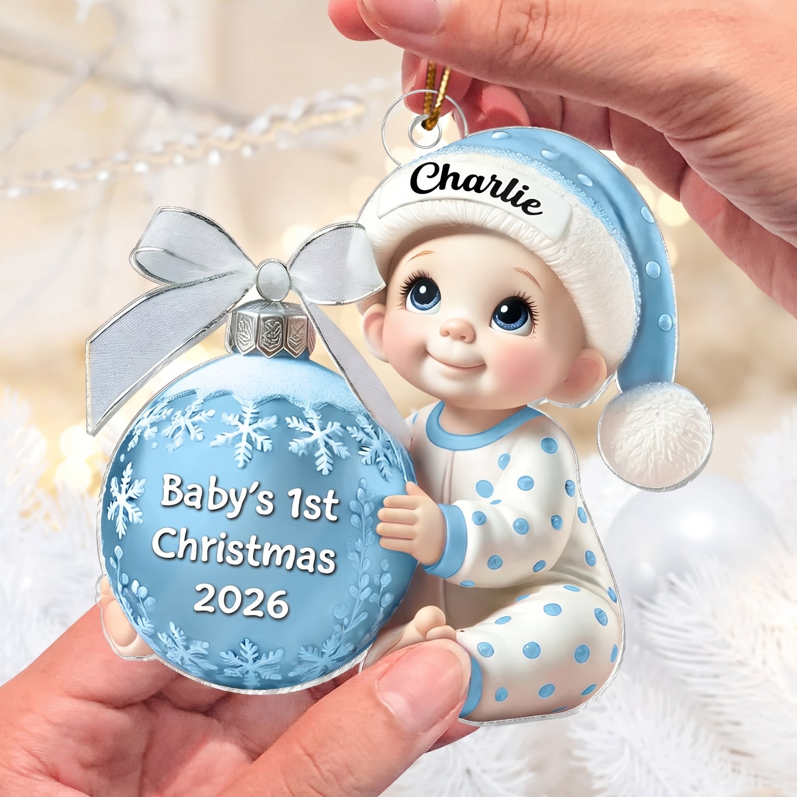 Baby Holding Christmas Bauble 3D Effect - Personalized Custom Shaped Acrylic Ornament - Newborn Gifts, Babies 1st Christmas Gifts