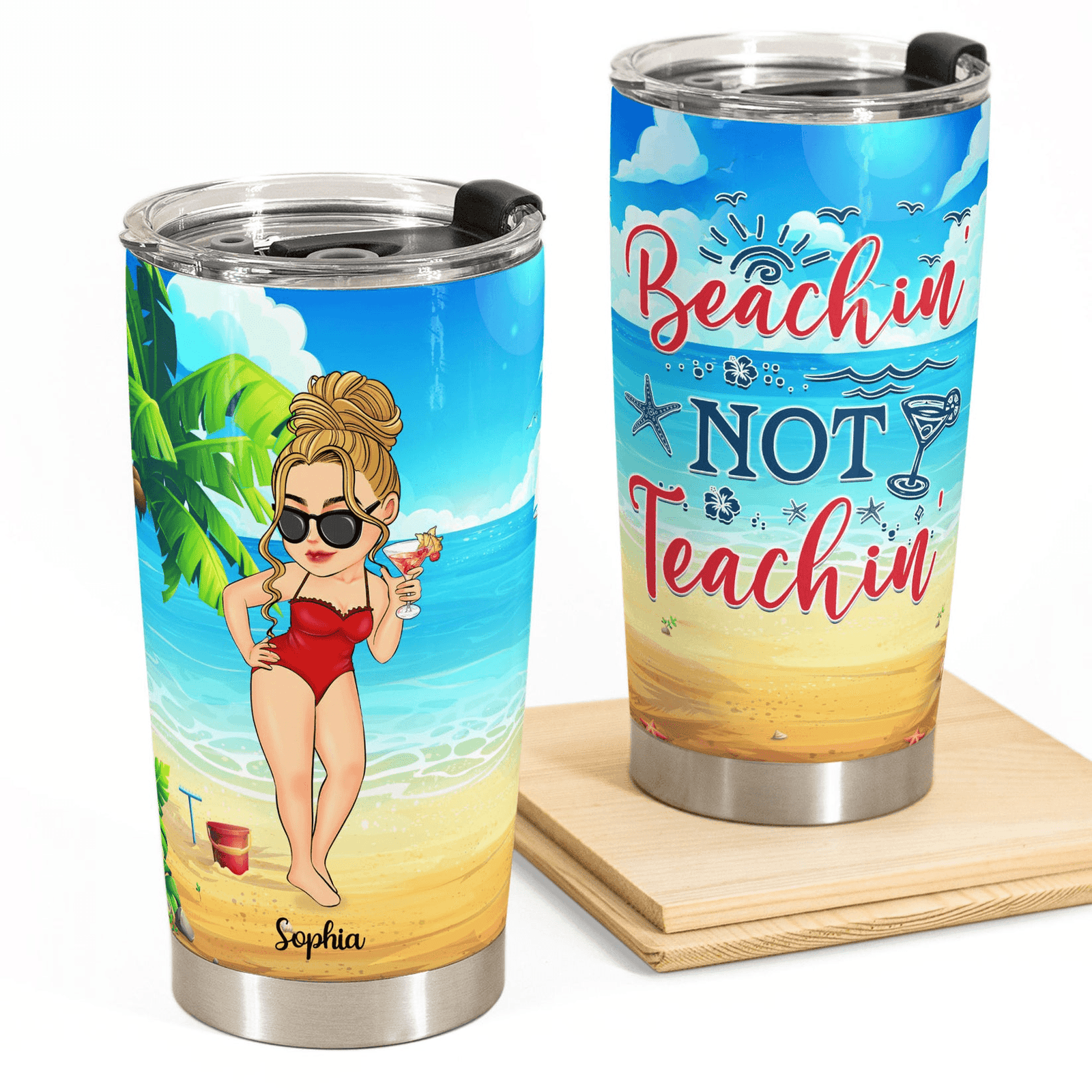 Beaching Not Teaching, Teacher Off Duty - Personalized Custom 20oz Fat Tumbler Cup - Summer Break, Last Day Of School, Birthday, Loving, Funny Gift for Teacher, Kindergarten, Preschool, Pre K, Paraprofessional - Suzitee Store
