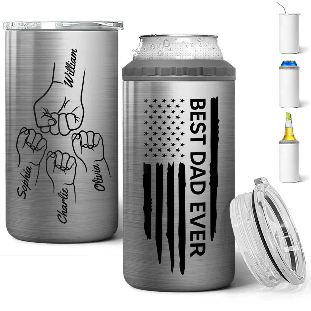 Best Dad Ever Fist Bump Outline Nation Flag - Personalized Can Cooler - Gift For Dad, Grandpa, Father's Day