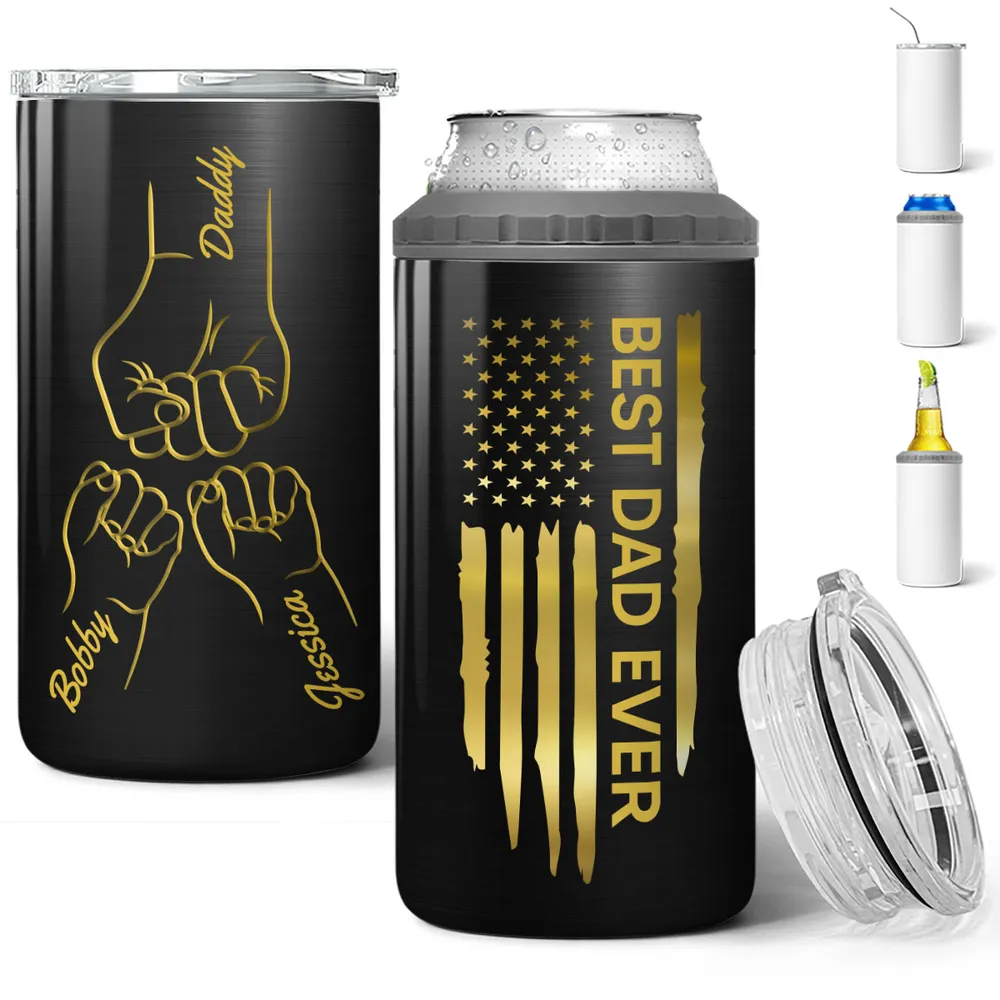 Best Dad Ever Fist Bump Outline Nation Flag - Personalized Can Cooler - Gift For Dad, Grandpa, Father's Day