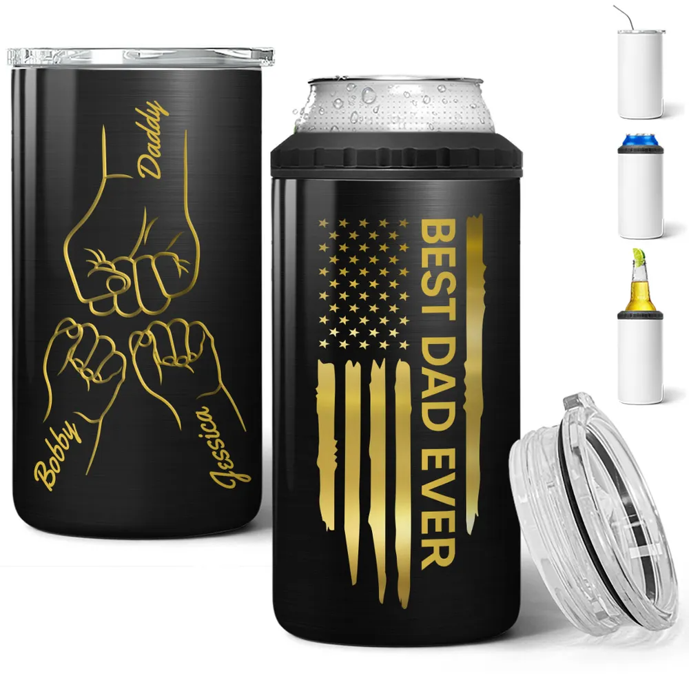 Best Dad Ever Fist Bump Outline Nation Flag - Personalized Can Cooler - Gift For Dad, Grandpa, Father's Day