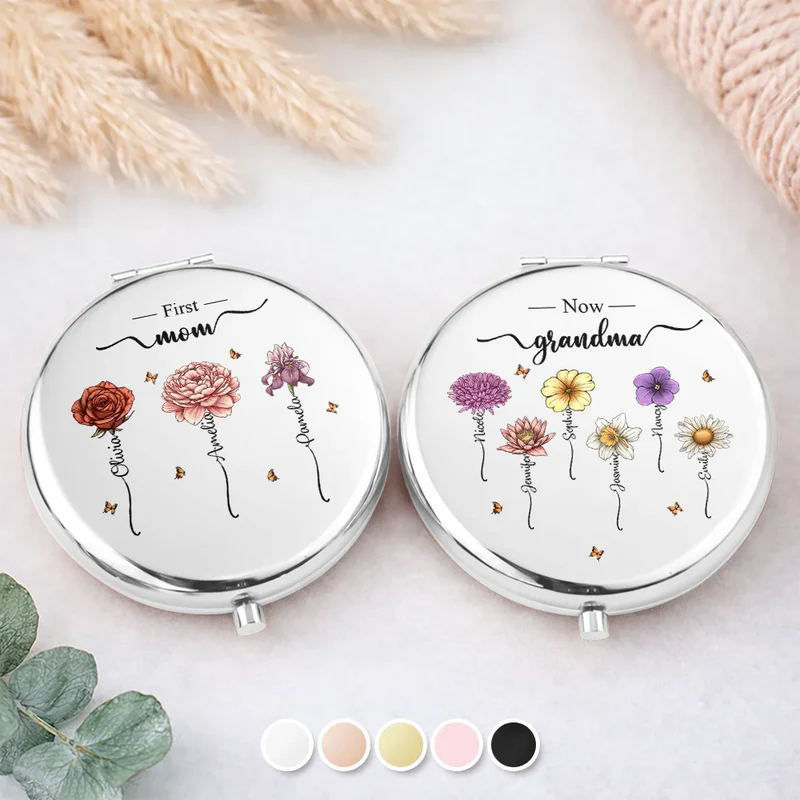 Birth Month Flowers First Mom Now Grandma - Personalized Compact Mirror - Mother's Day Gift For Mom, Grandma
