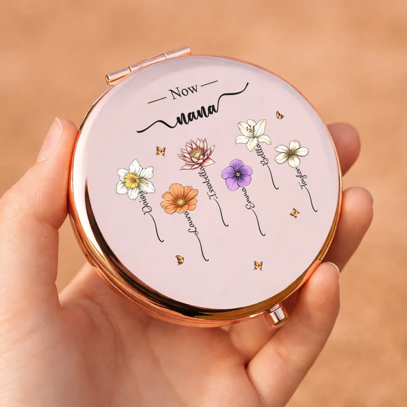 Birth Month Flowers First Mom Now Grandma - Personalized Compact Mirror - Mother's Day Gift For Mom, Grandma