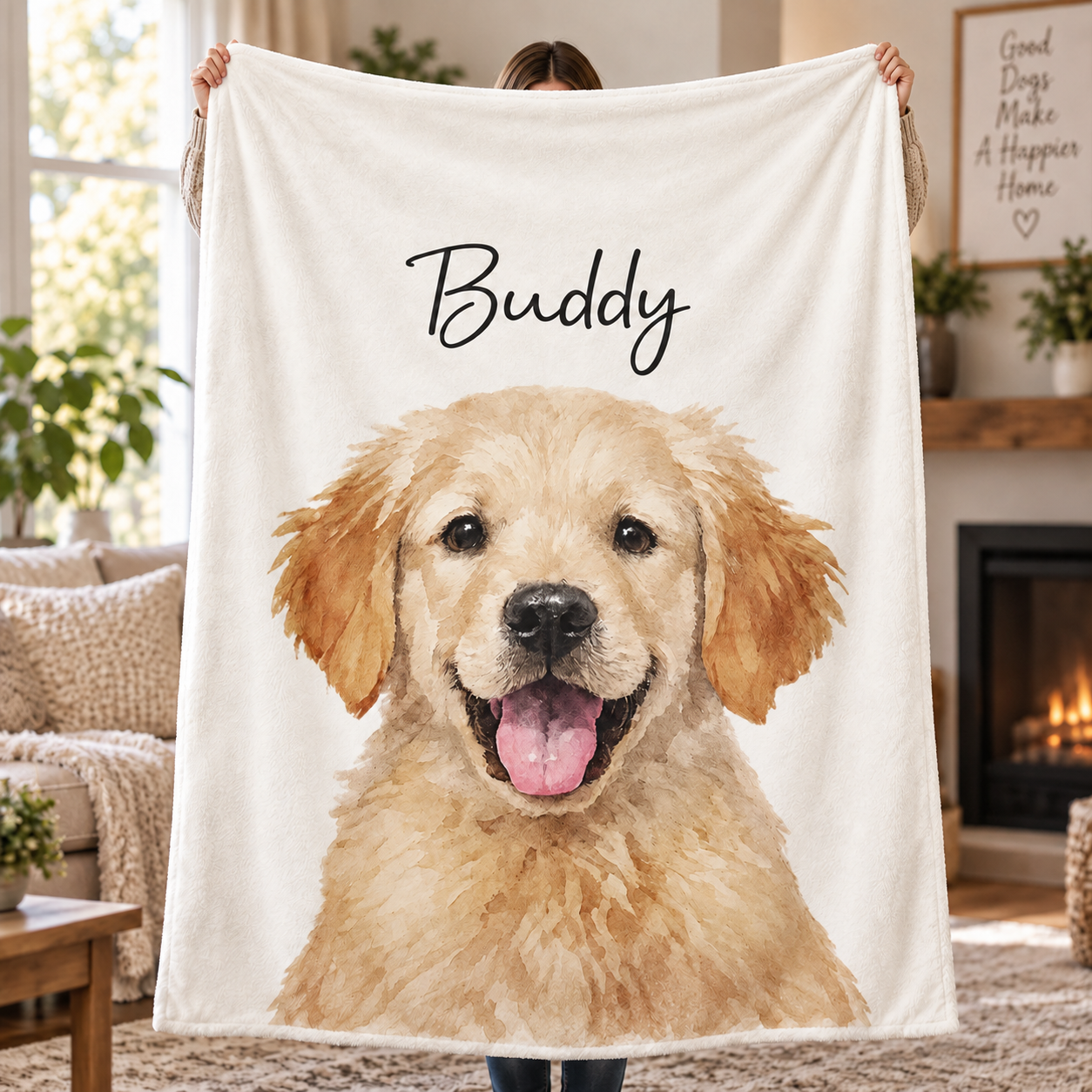 Custom Photo Watercolor Art Dog Cat Pet fleece blanket, product with name options
