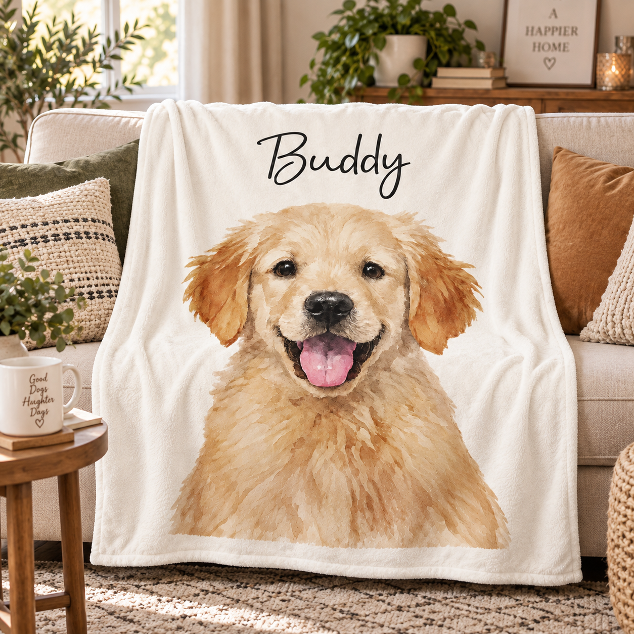 Custom Photo Watercolor Art Dog Cat Pet fleece blanket, soft fleece fabric close-up