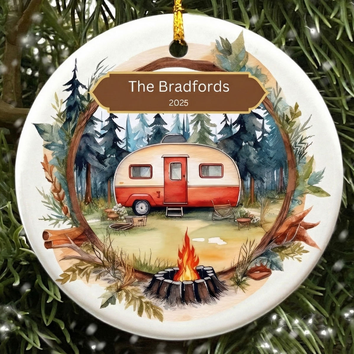 Custom Photo RV Travel Trailer Camping - Personalized Circle Ceramic Ornament - Christmas Gift for Camping Lovers