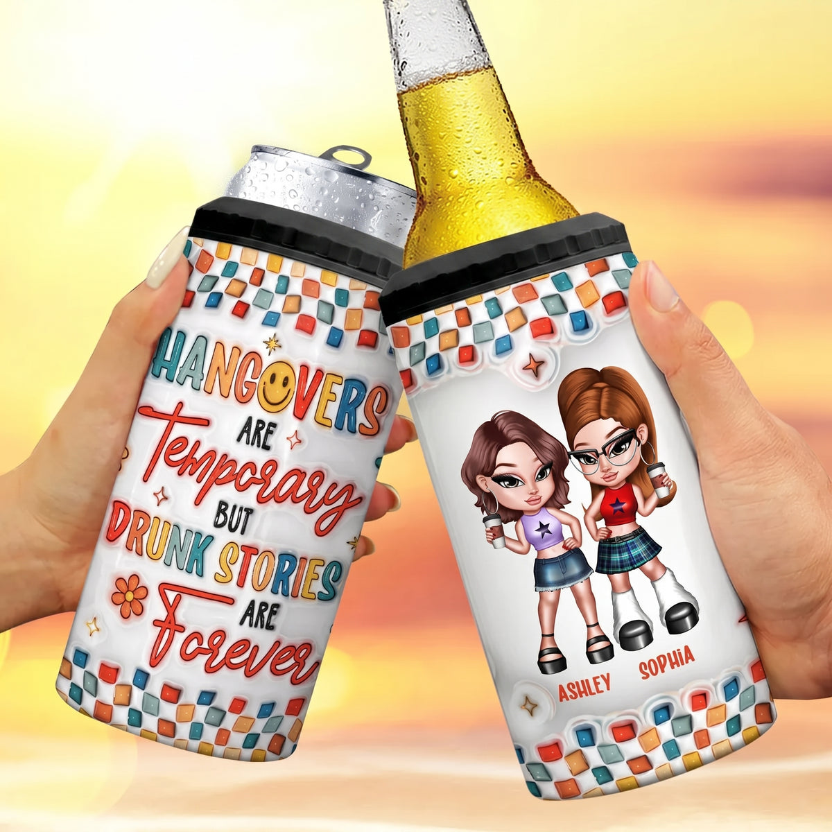 Summer Y2K Besties 3D Inflated Effect Print - Personalized Can Cooler - Gift For Besties, Friends