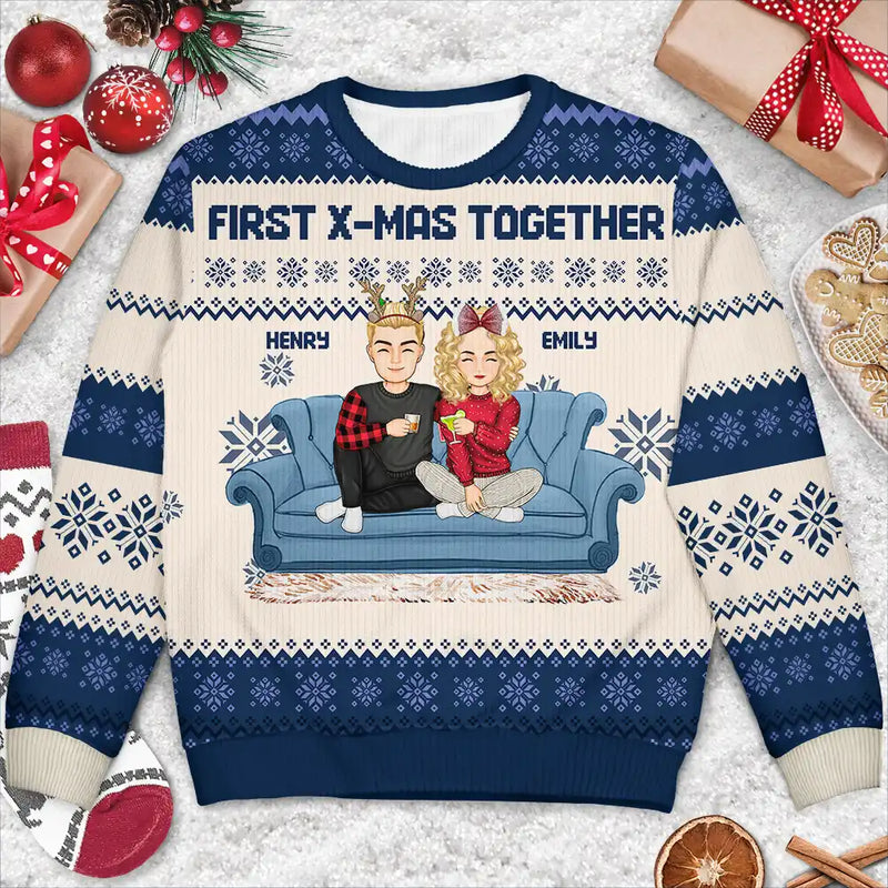 Personalized Cartoon Couple With Kids And Pets ugly Christmas sweater, alternate view 2