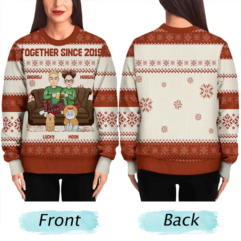 Cartoon Couple With Kids And Pets - Personalized Custom Ugly Sweater - Gift For Family Members, Husband, Wife