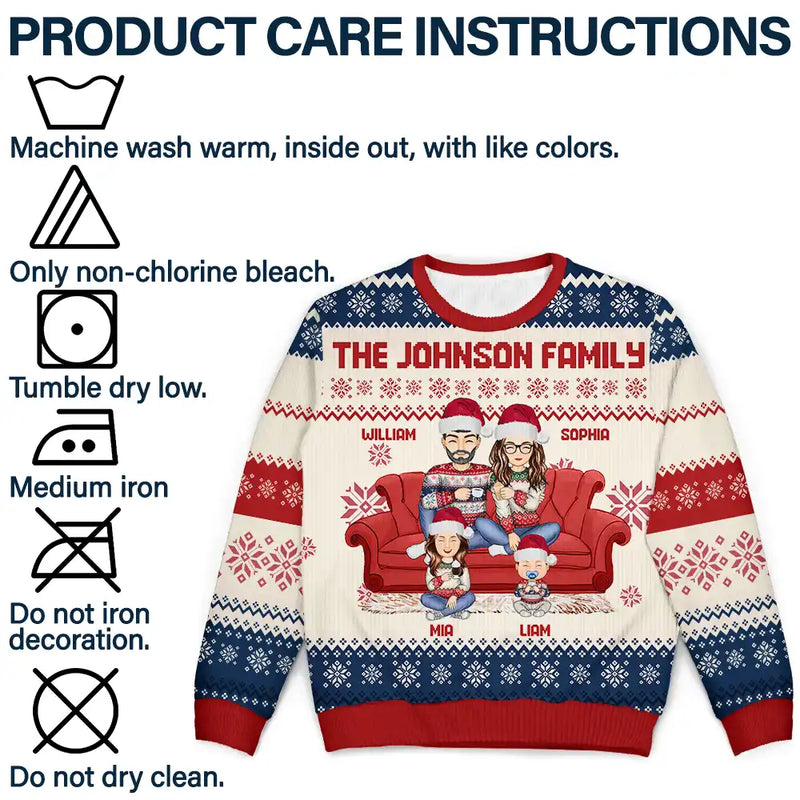 Personalized Cartoon Couple With Kids And Pets ugly Christmas sweater, alternate view 6
