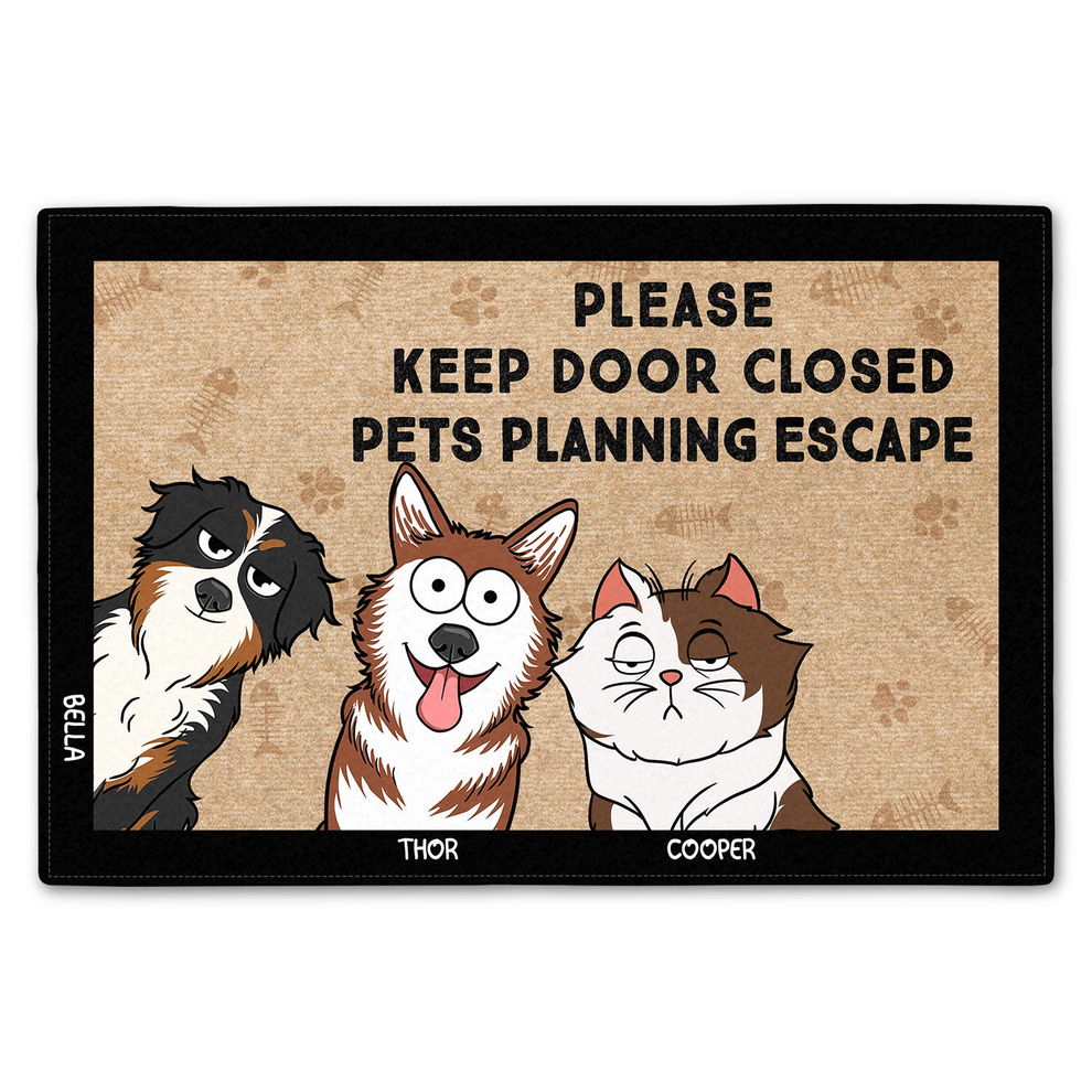 Cartoon Pets Planning Escape - Personalized Doormat - Personalized Gift for Dog/Cat Lovers, Dog/Cat Mom, Dog/Cat Dad, Pet Lovers