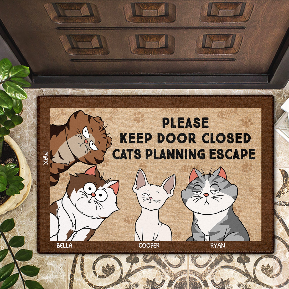Cartoon Pets Planning Escape - Personalized Doormat - Personalized Gift for Dog/Cat Lovers, Dog/Cat Mom, Dog/Cat Dad, Pet Lovers