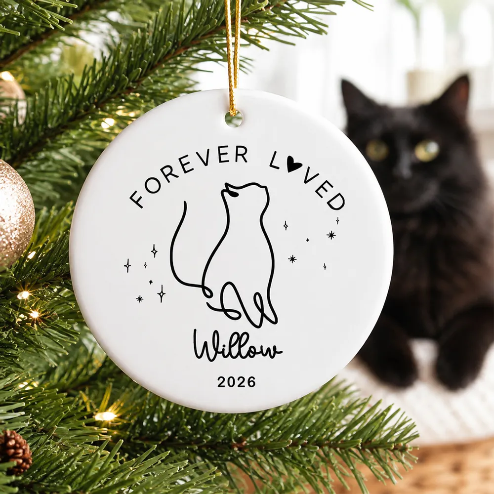 Custom Name Cat Memorial Christmas - Personalized Circle Ceramic Ornament - Cat Loss, Cat Memorial, Cat Sympathy Gift