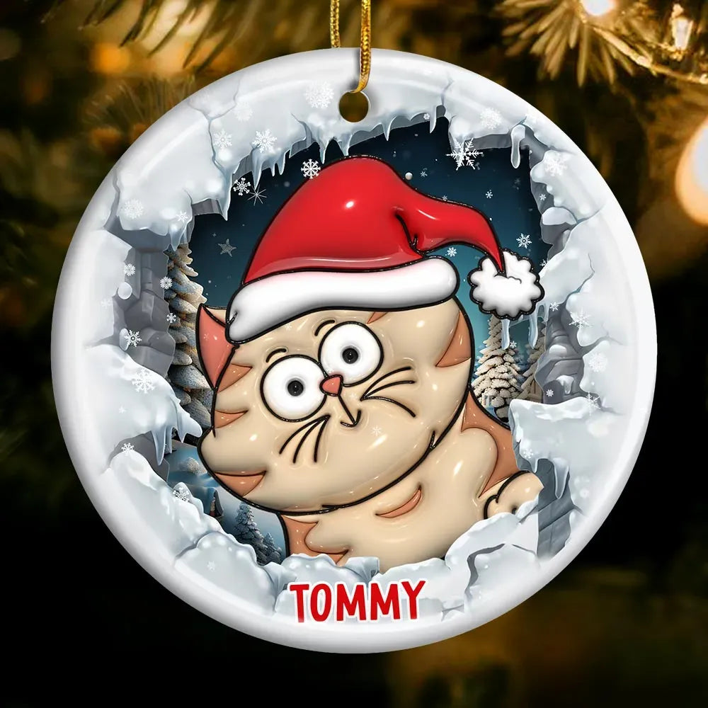 Cat Christmas 3D Inflated Effect Printed Personalized Circle Ceramic Suzitee Store