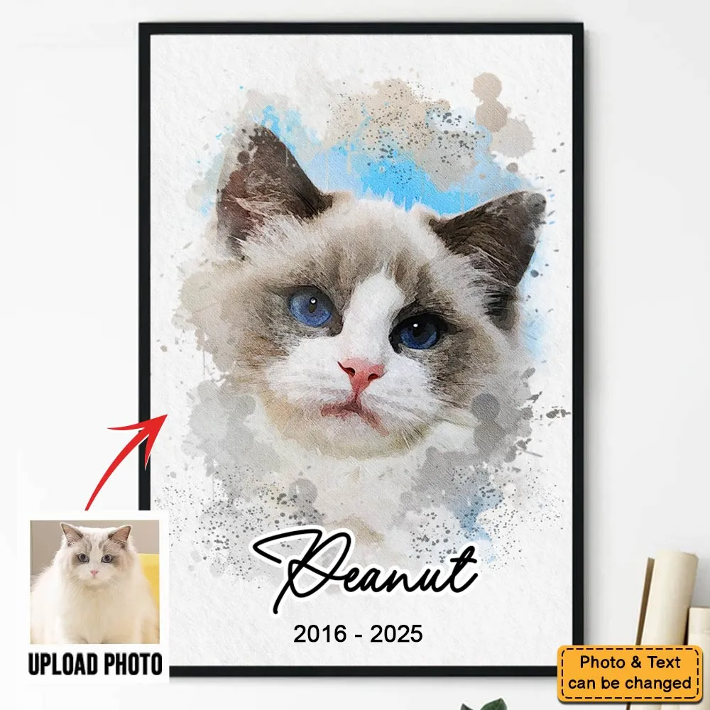 Custom Photo Watercolor Pet Portrait - Personalized Poster/Canvas Prints - Gifts for Cat Mom, Cat Dad, Pet Memorial, Pet Loss, Sympathy