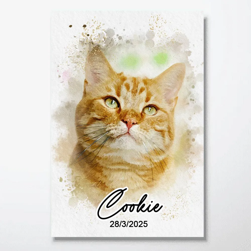 Pet Memorial Personalized Canvas Print: Custom Watercolor Pet poster, framed in a bright living room