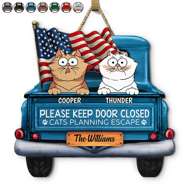 Cats Planning Escape Truck - Personalized Custom Shaped Wood Sign - America 250th Anniversary, 4th Of July Gift for Cat Lovers, Cat Mom, Cat Dad