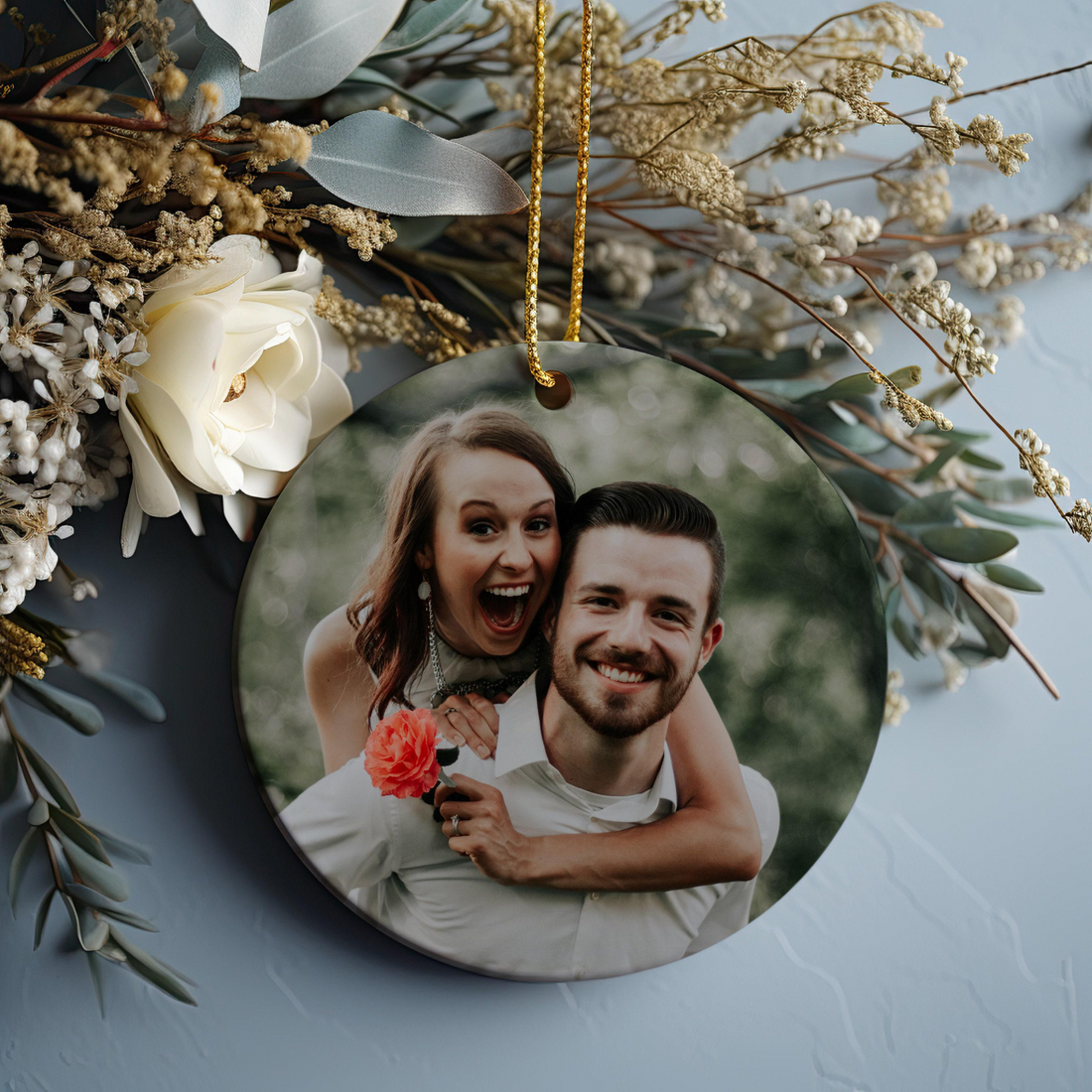 Custom Photo Couple Christmas Ornament circle ceramic ornament, alternate view 3