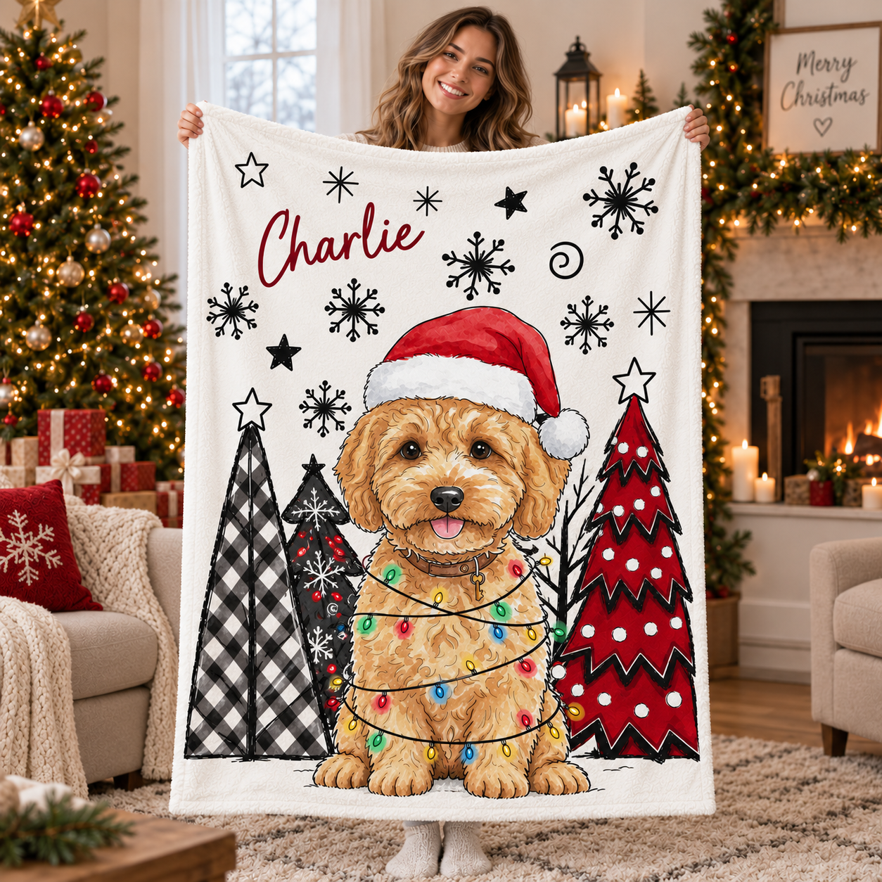 Custom Photo Dog/Cat Watercolor Art Christmas Winter fleece blanket, product with name options