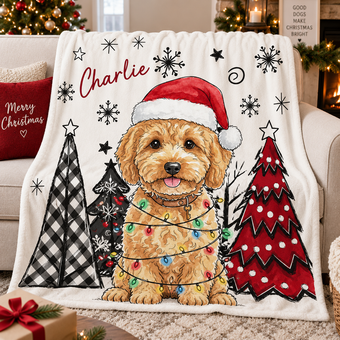 Custom Photo Dog/Cat Watercolor Art Christmas Winter fleece blanket, soft fleece fabric close-up
