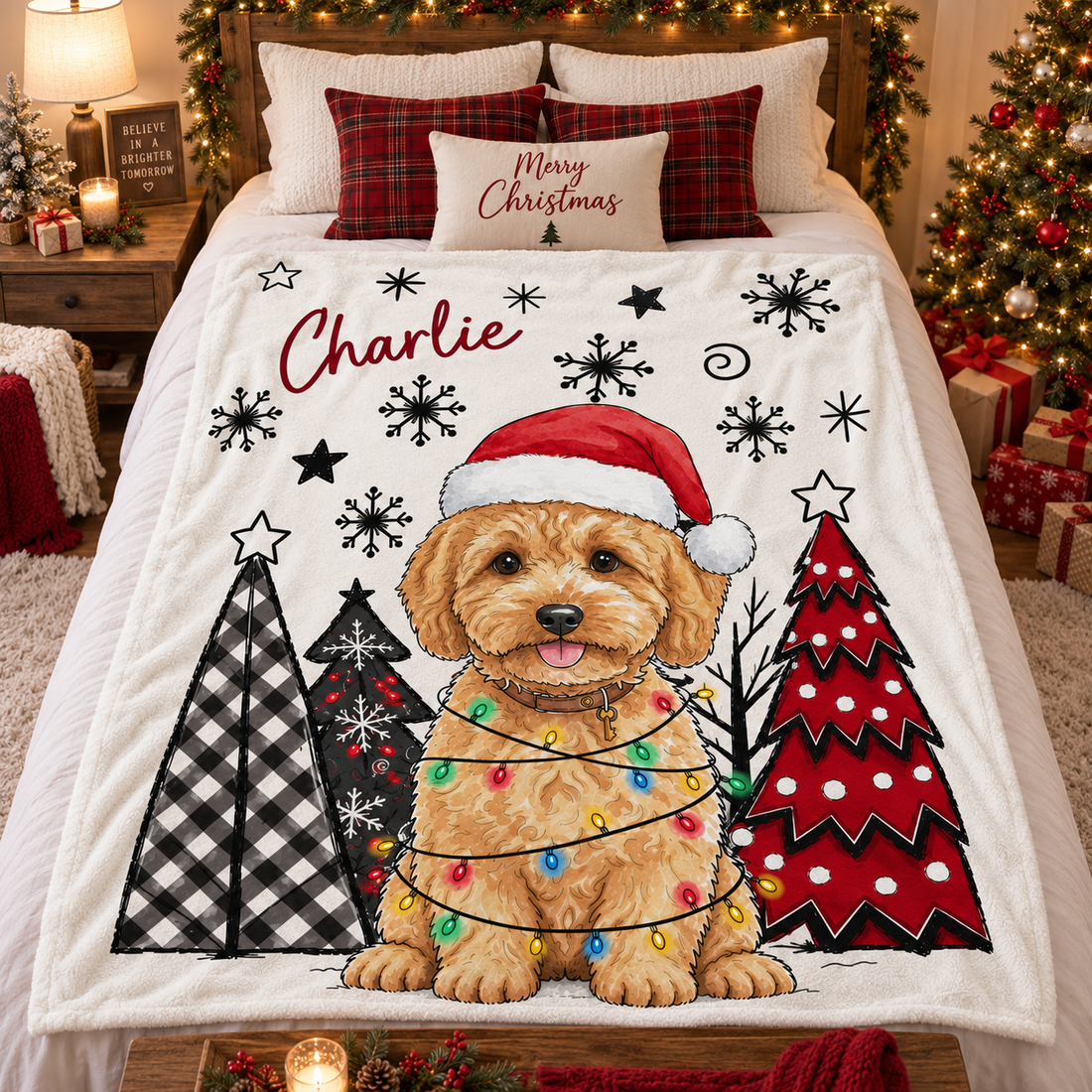 Custom Photo Dog/Cat Watercolor Art Christmas Winter fleece blanket, spread across a bed