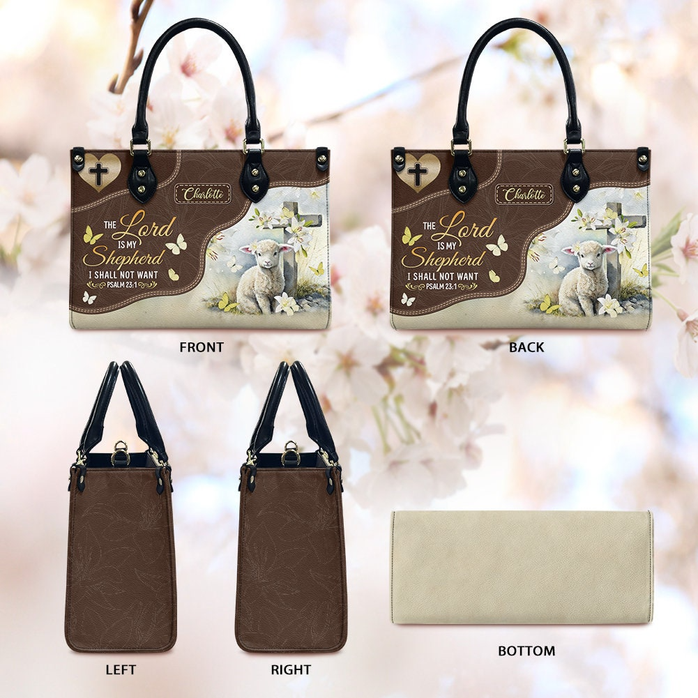 Personalized The Lord Is My Shepherd I Shall handbag, interior pockets and removable strap details