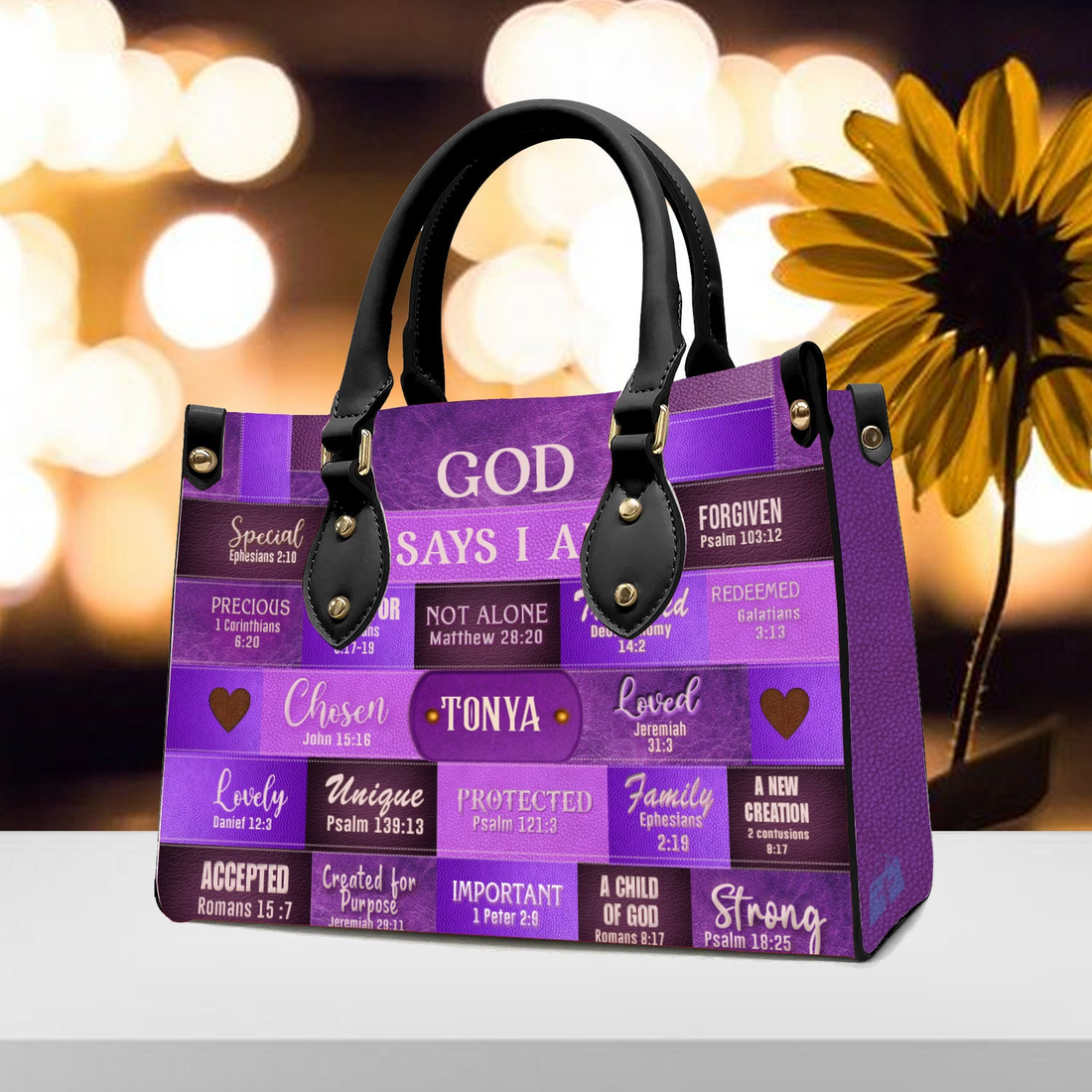 Personalized Christianartbag God Says I Am leather handbag, interior pockets and removable strap details