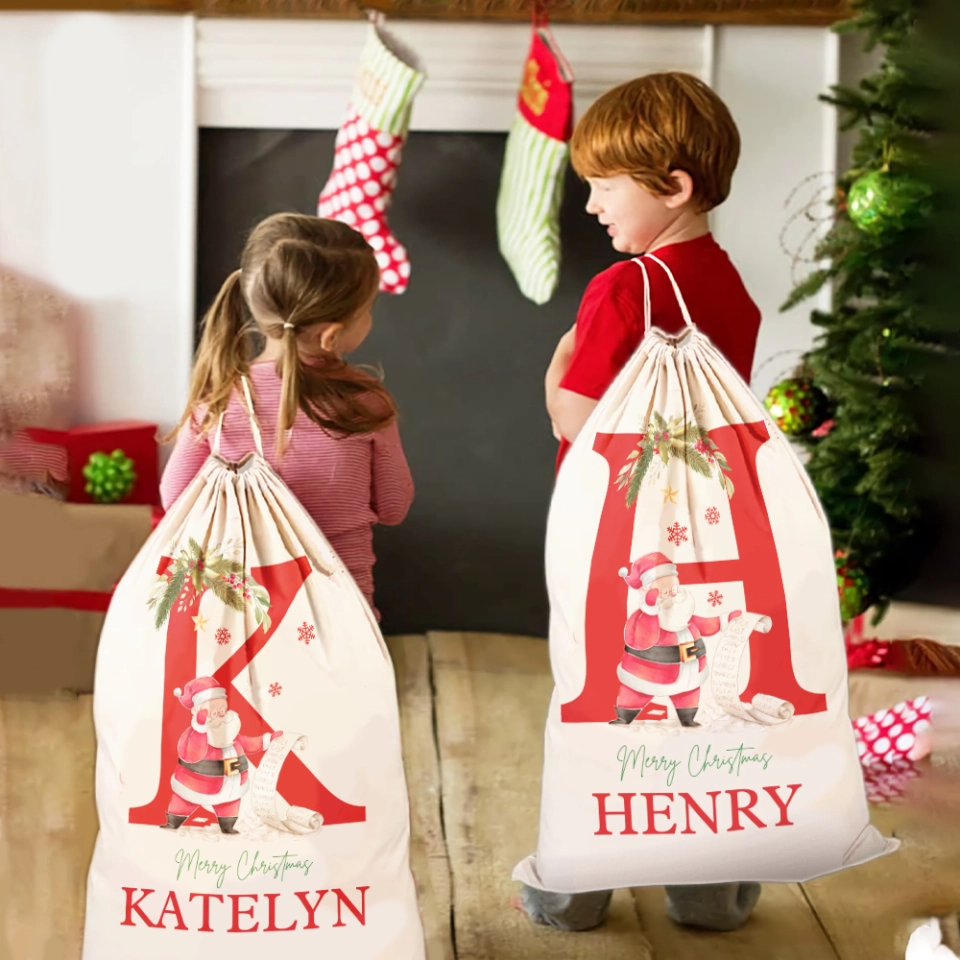 Custom Name & Initial Santa Santa Gift Bag - Personalized Santa Sack - Christmas Gift For Family, Kids, Grandkids