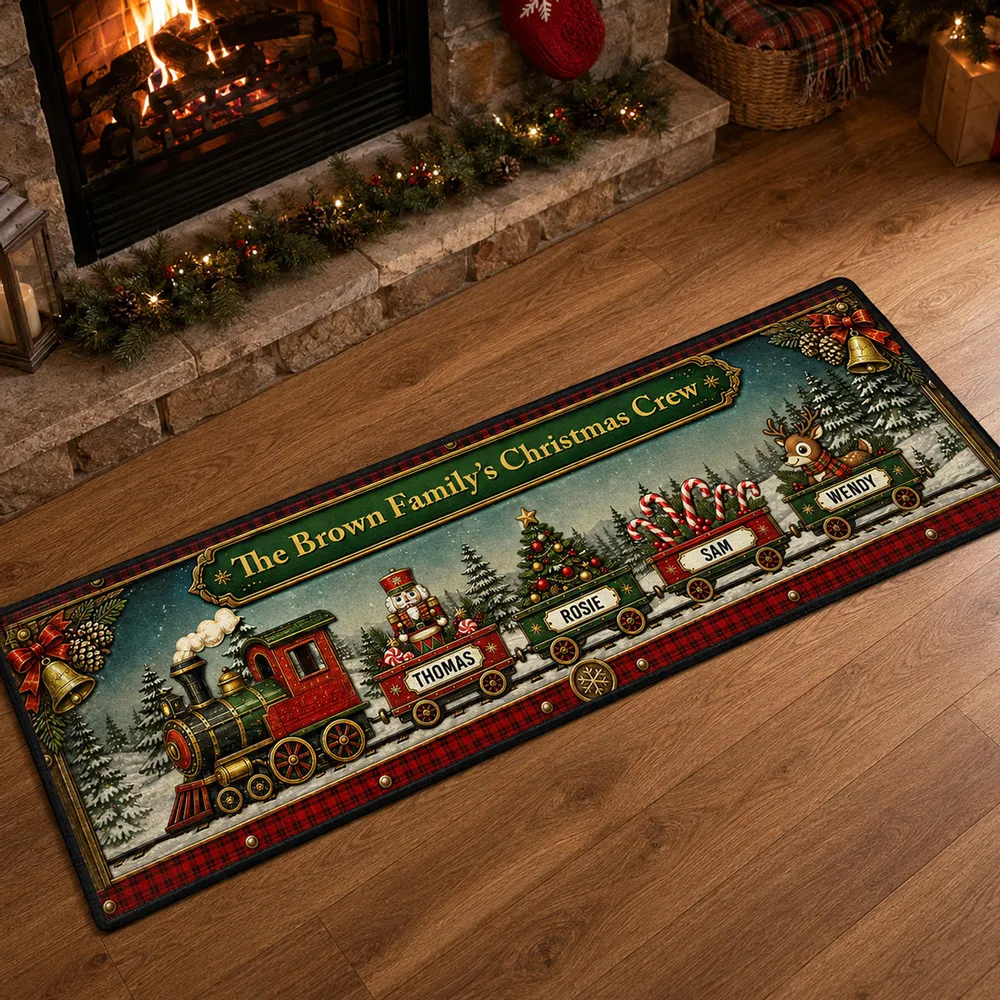 Christmas Train Family - Personalized Runner Rug - Christmas Gifts For Family, Grandma, Grandpa, Mom, Dad, Brother, Sister